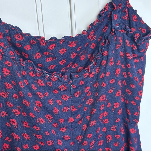 REFORMATION Virgil Dress Navy/Red Floral Print Ruffle Strap GRANADA Crepe Midi - Picture 12 of 16